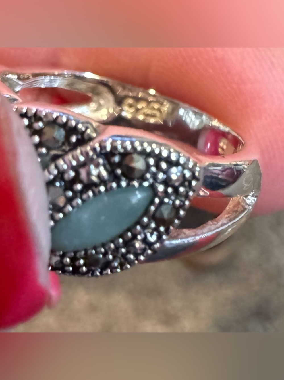 Vintage Avon Sterling Silver (925) Jadeite, faux Marcasite Band Ring, Size 5.5 - Picture 6 of 8